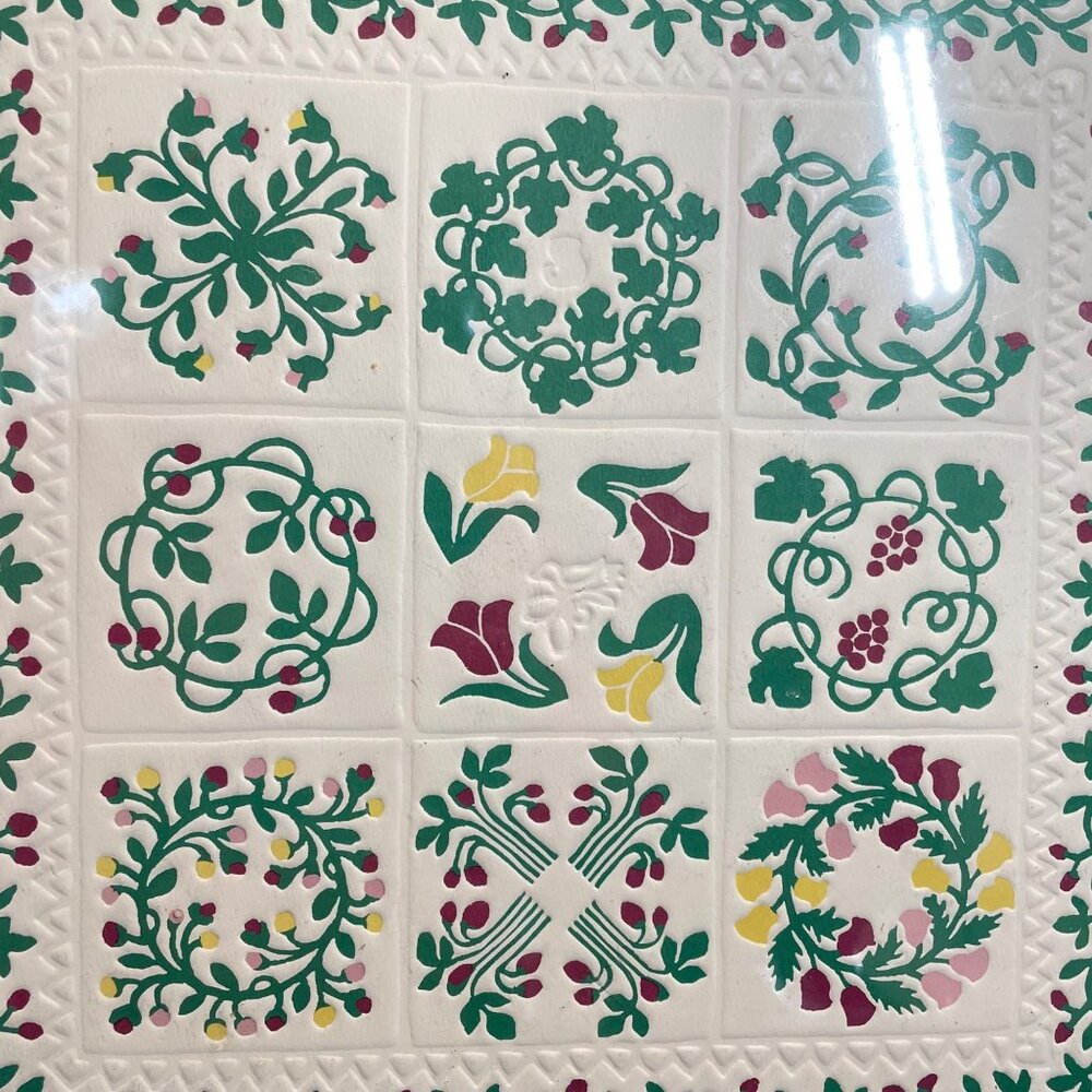 Signed Judy Swerlick Floral Quilt Design Embossed Artwork In Green Mat 18"x18"